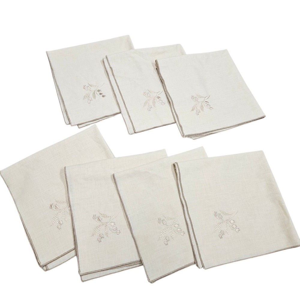 Vintage‎ Embroidered Linen Napkins Set of 7 Lily of the Valley Floral Tan Beige